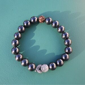Hematite Elegant Black and Silver Beaded Bracelet with Lotus